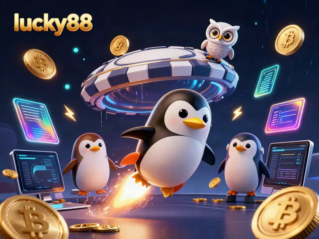 Experience thrilling wins with lucky88 in a vibrant 3D casino adventure featuring a golden penguin.