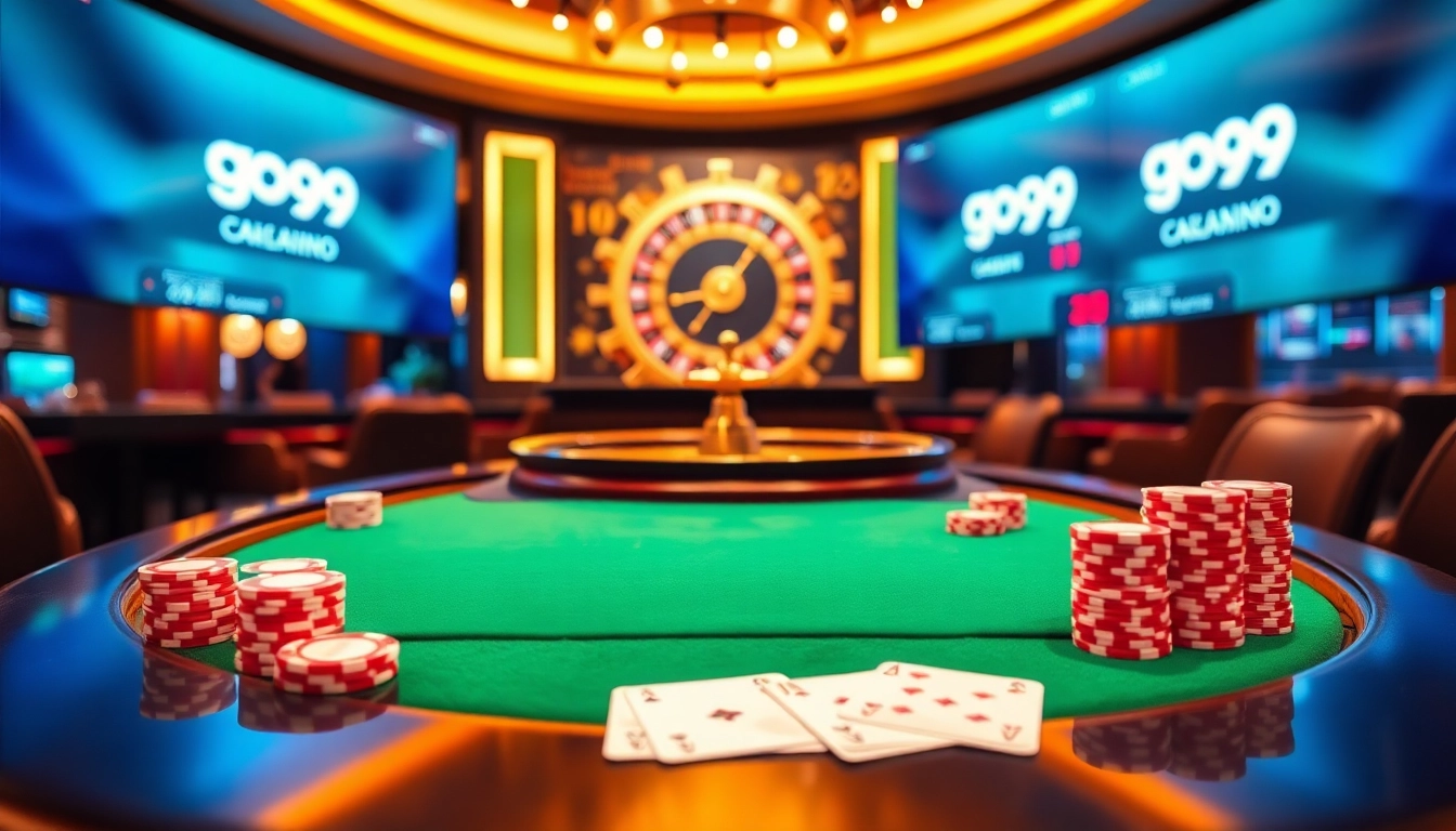 Engaging go99 casino scene with poker chips, cards, and roulette wheel, showcasing an inviting gaming atmosphere.