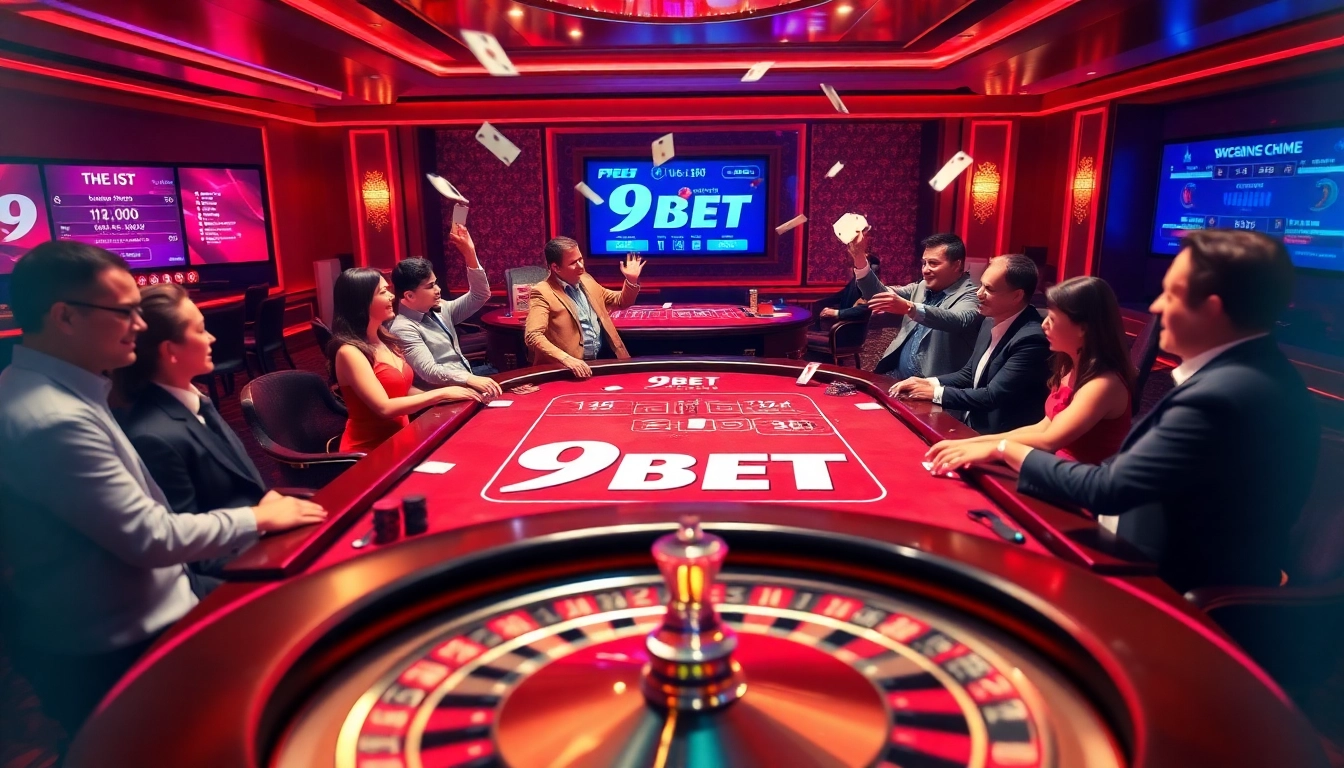 Players enjoying an exciting game at the 9BET casino table, showcasing vibrant action and luxurious ambiance.