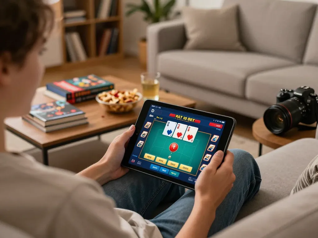 Engaging moment with 11bet poker player strategizing at home on tablet with relaxing atmosphere