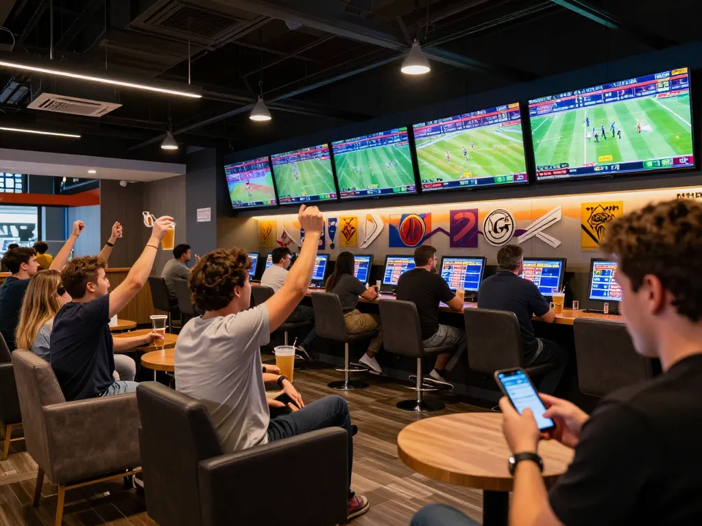 Engaging scene of sports betting with real-time kèo nhà cái updates displayed on screens