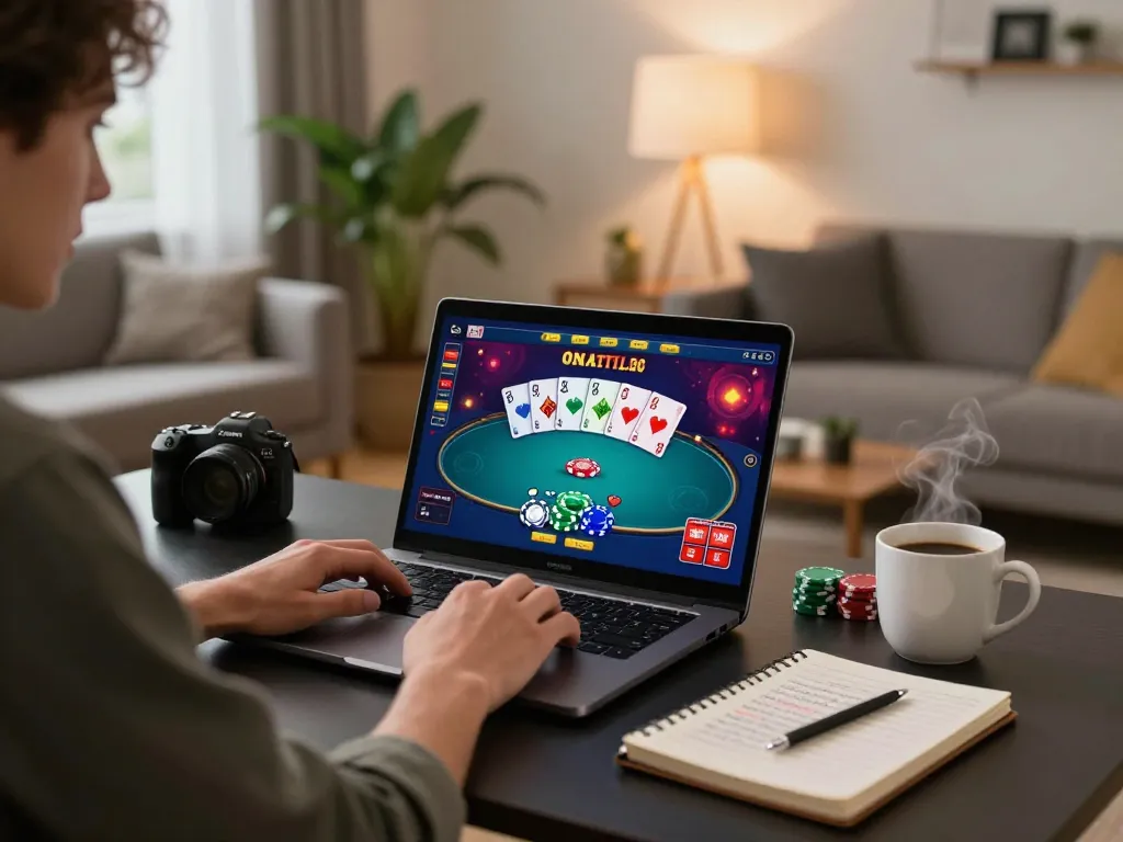 Lode88 player enjoying online poker game at home, showcasing strategic gameplay and cozy atmosphere
