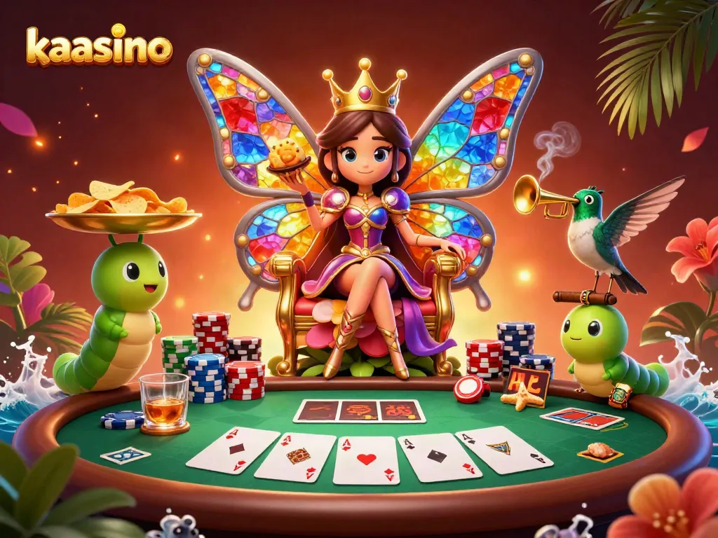 Kaasino players enjoying vibrant 3D casino gaming with butterfly queen and colorful poker elements