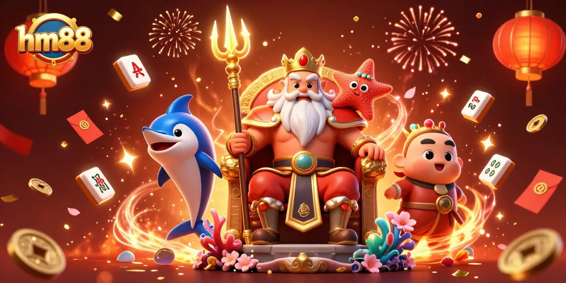 Experience thrilling gameplay with hm88’s vibrant casino elements featuring Neptune and dynamic game symbols.
