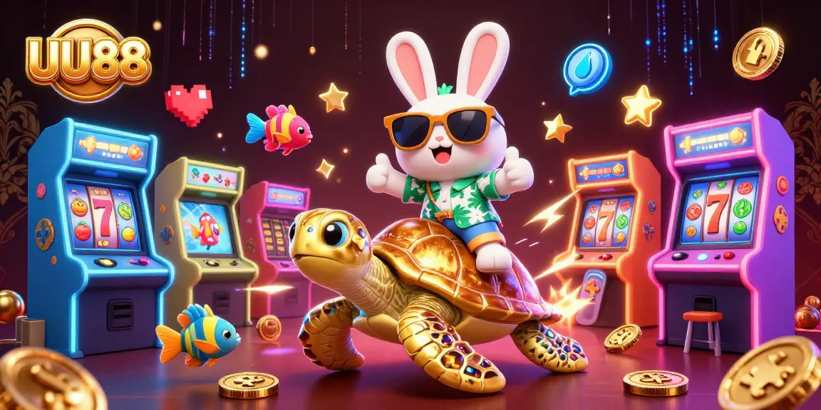 Experience UU88's vibrant casino adventure with a lucky rabbit on a golden turtle amidst slot reels.