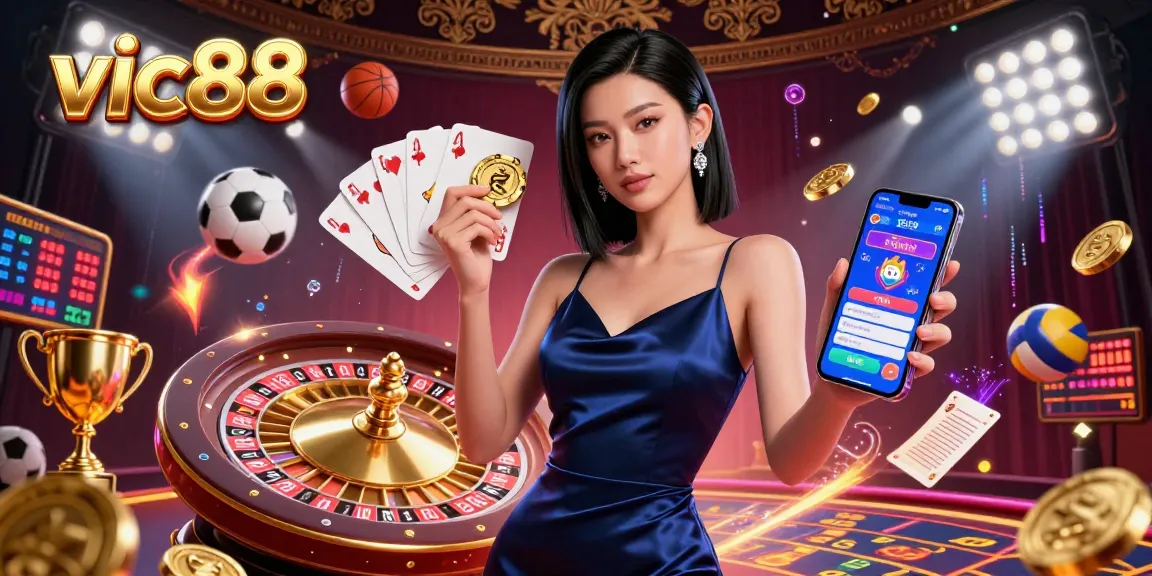 Experience the thrill of gambling with vic88, showcasing a confident player holding a casino app and golden chip.