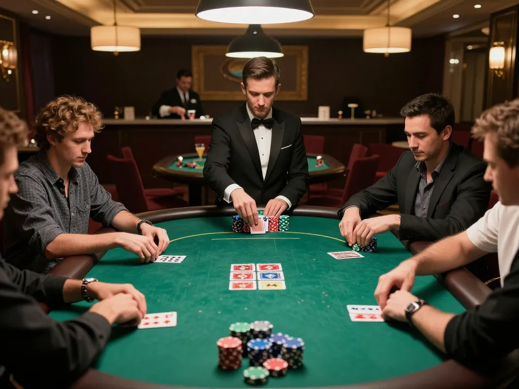 Players engage in high-stakes poker at FUN88s table, showcasing vibrant chips and cards.