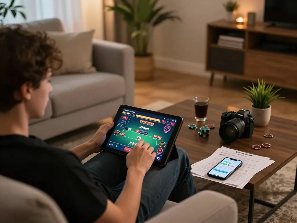 Engaging online poker session at home with a tablet displaying the o8 gaming interface and strategy notes.