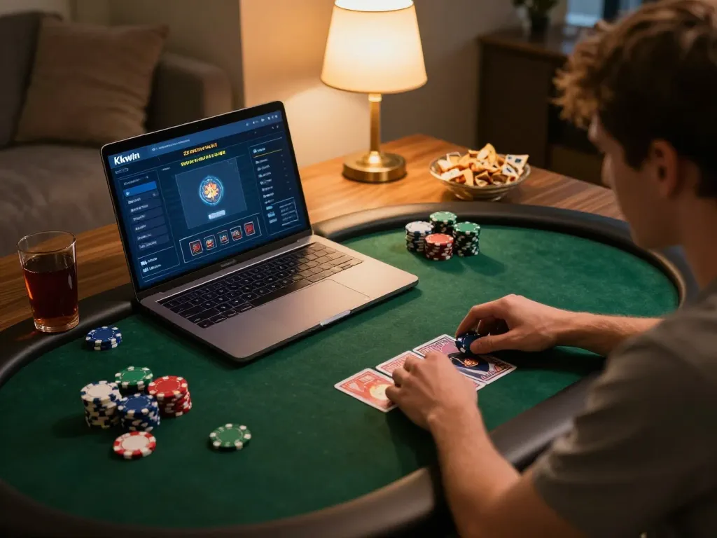 Kkwin poker player engaging with online game from the comfort of home, laptop display exciting gameplay