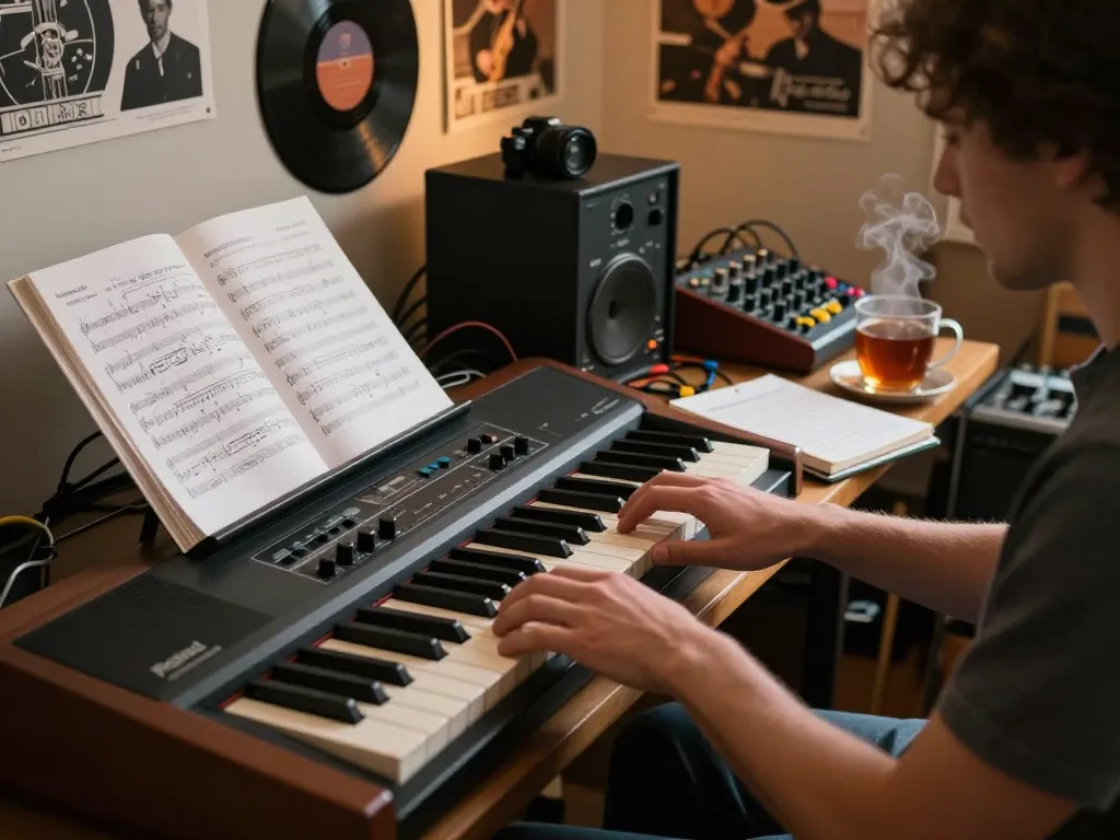 Musician playing the VK88 organ in a cozy home studio