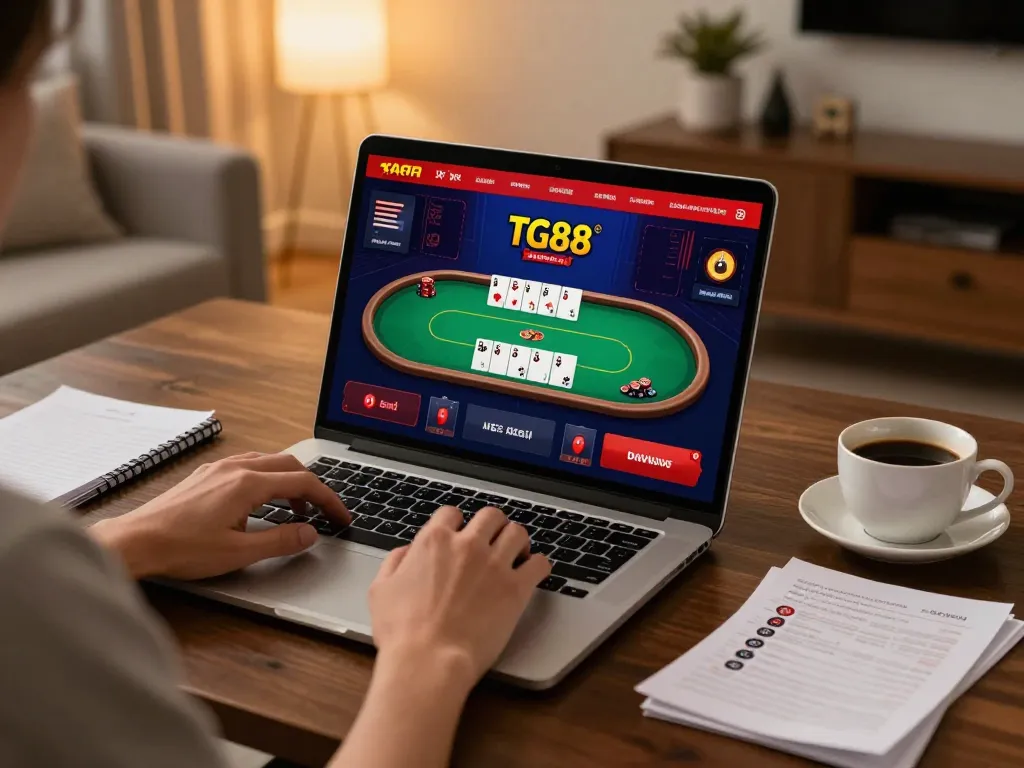 Engaged player using jtg88.com for online poker, showcasing strategic gaming environment at home.