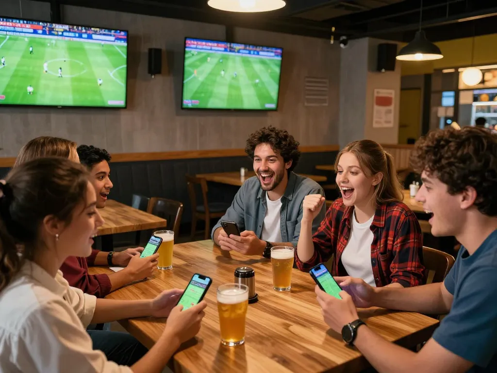 Friends excitedly placing bets on their mobile devices while watching soccer matches on multiple screens at a vibrant sports bar, showcasing the engaging spirit of xoilactv39.