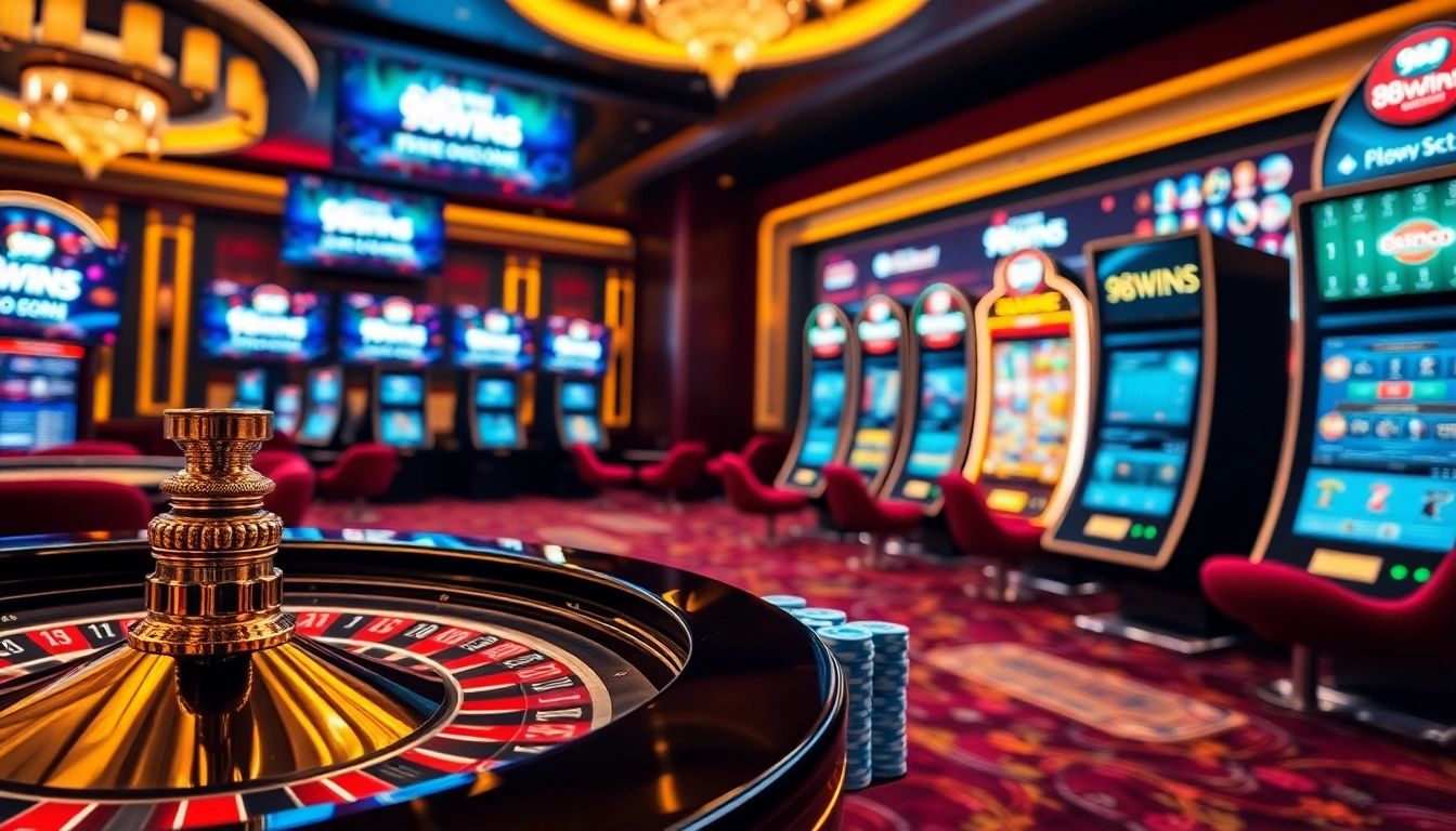 Experience exhilarating online gaming with 98WINS CO COM in a lavish casino setting.