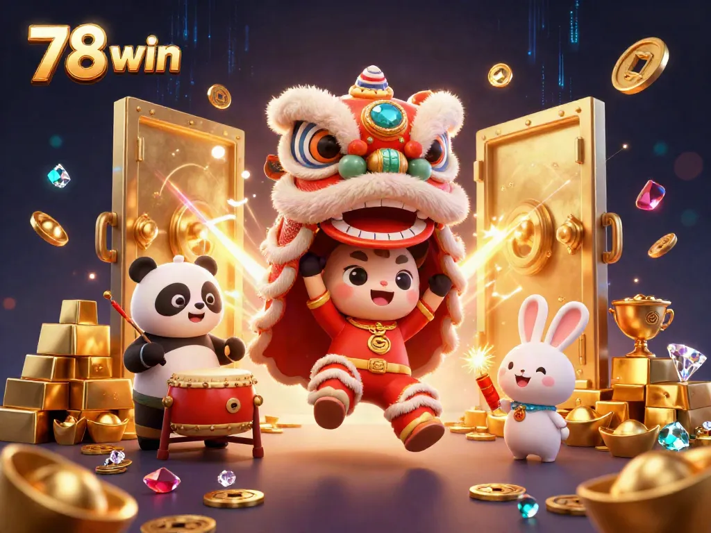 Engage with 78 win and immerse in the vibrant casino world with lion dance, gold treasures, and lively characters.