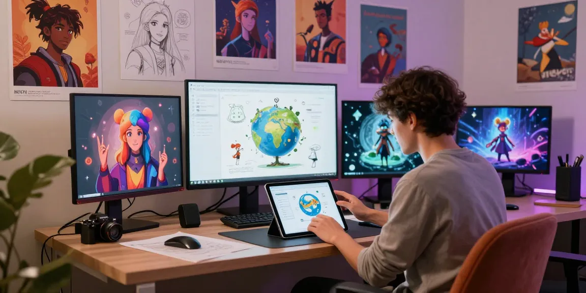 Engaging scene showcasing NSFW character AI interactions in a modern creative workspace filled with vibrant character designs and soft ambient lighting.