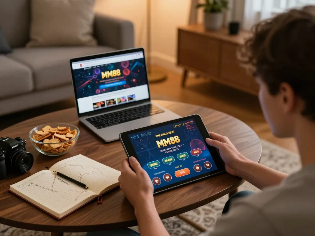 Engaged player using MM88 online gaming platform on tablet in cozy home setup, showcasing strategy notes.