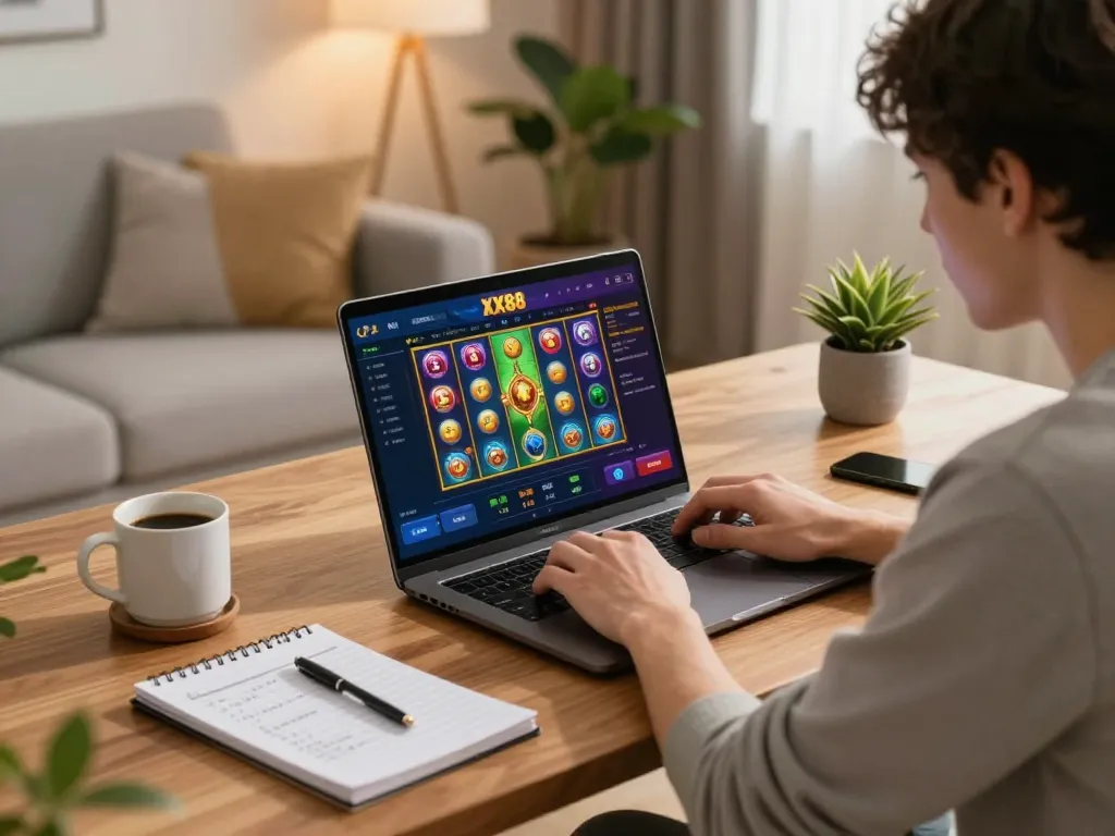 Player engaging with online slot games at XX88 during a cozy home session.