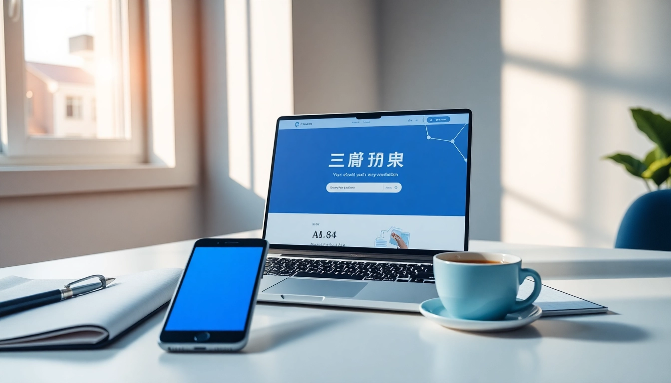 在现代工作空间的笔记本电脑上显示的快连官网，强调可靠性与创新。