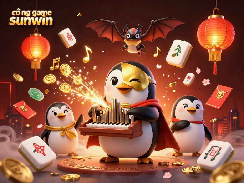Engage with cổng game sunwin featuring a vibrant 3D cartoon penguin and casino-themed elements.