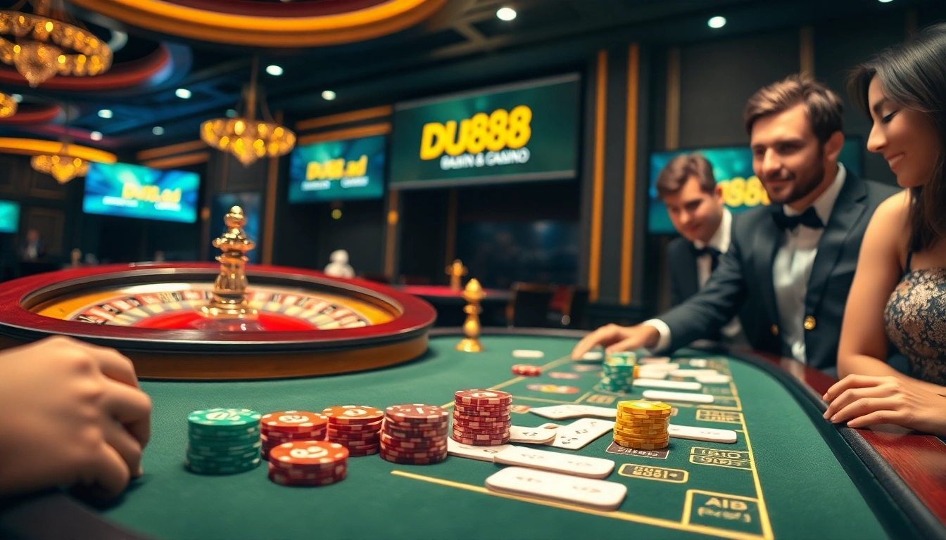 Players enjoy high-stakes excitement at the Du88.ad casino table, featuring vibrant poker chips and cards.