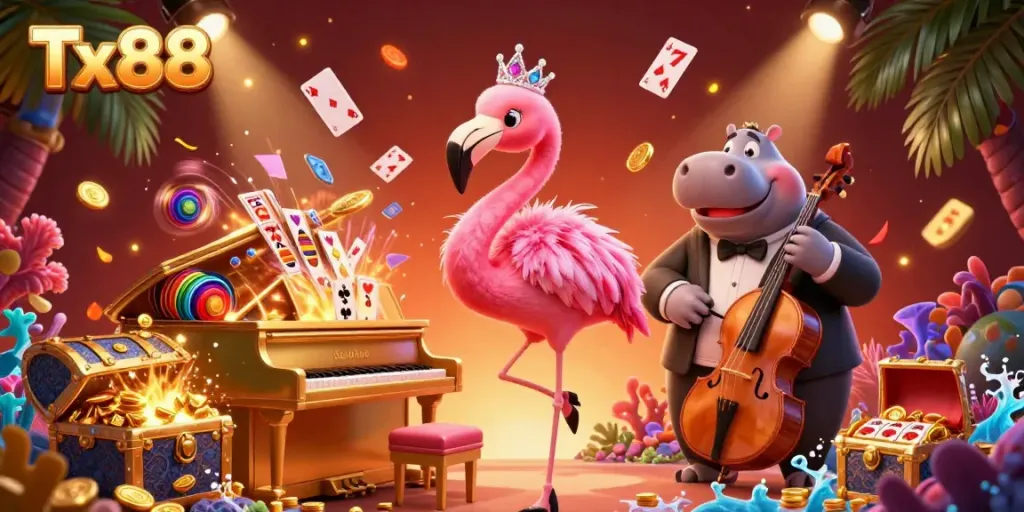 Join the excitement at Tx88 casino with a vibrant scene of a flamingo singer and hippo bassist, surrounded by thrilling gambling elements.