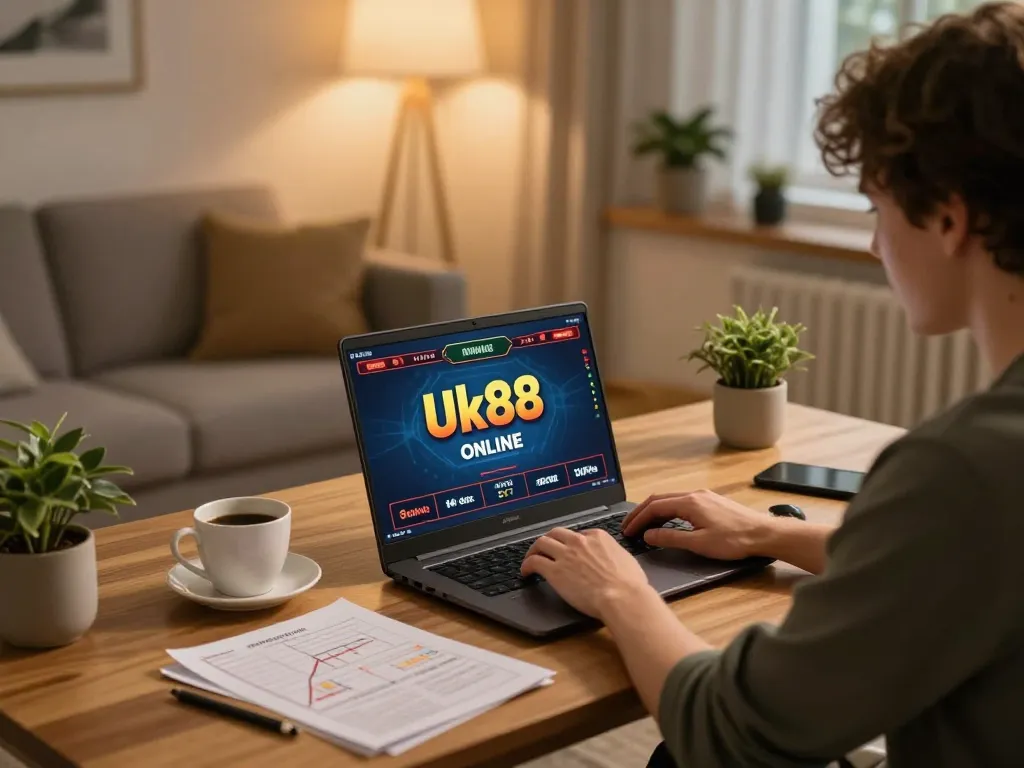 Engaged player enjoying Uk88 online casino experience from home gaming setup with laptop