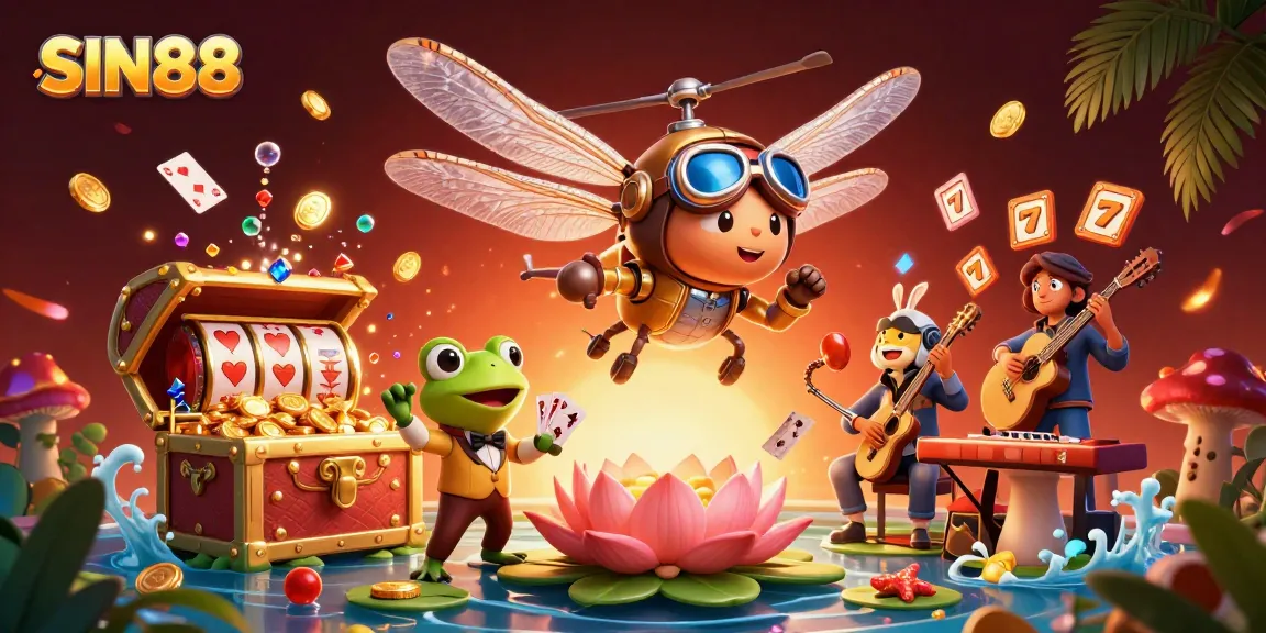 SIN88 image featuring a dragonfly pilot above a casino, highlighting vibrant slot game action.