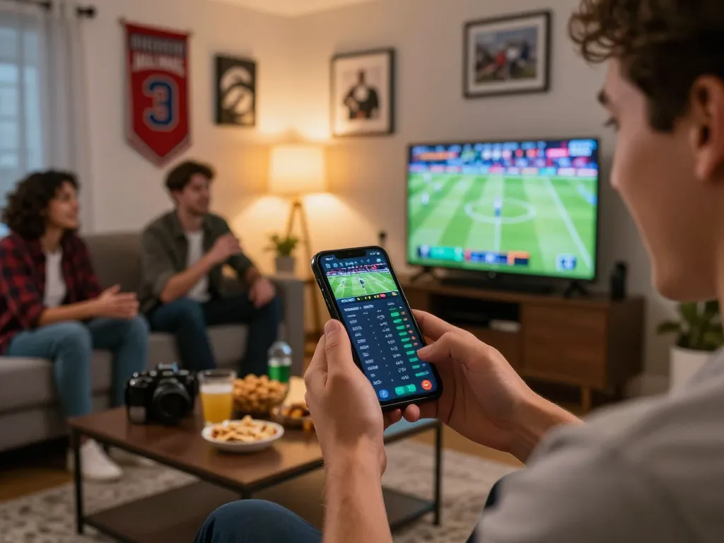 Engaging sports betting moment with a user on the 9bet app, smartphone showing live betting options.