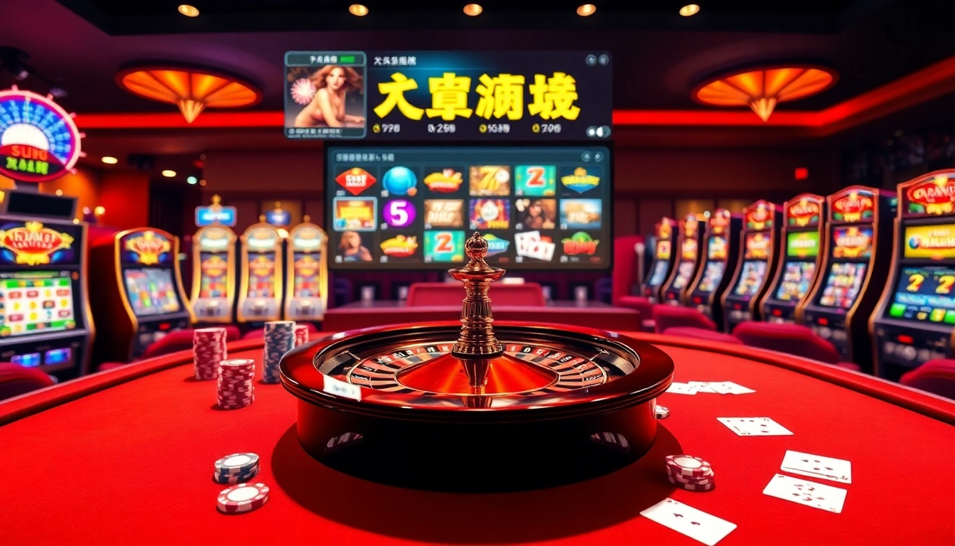 Engaging online casino experience featuring a poker table and slot machines while illustrating 包网 services.
