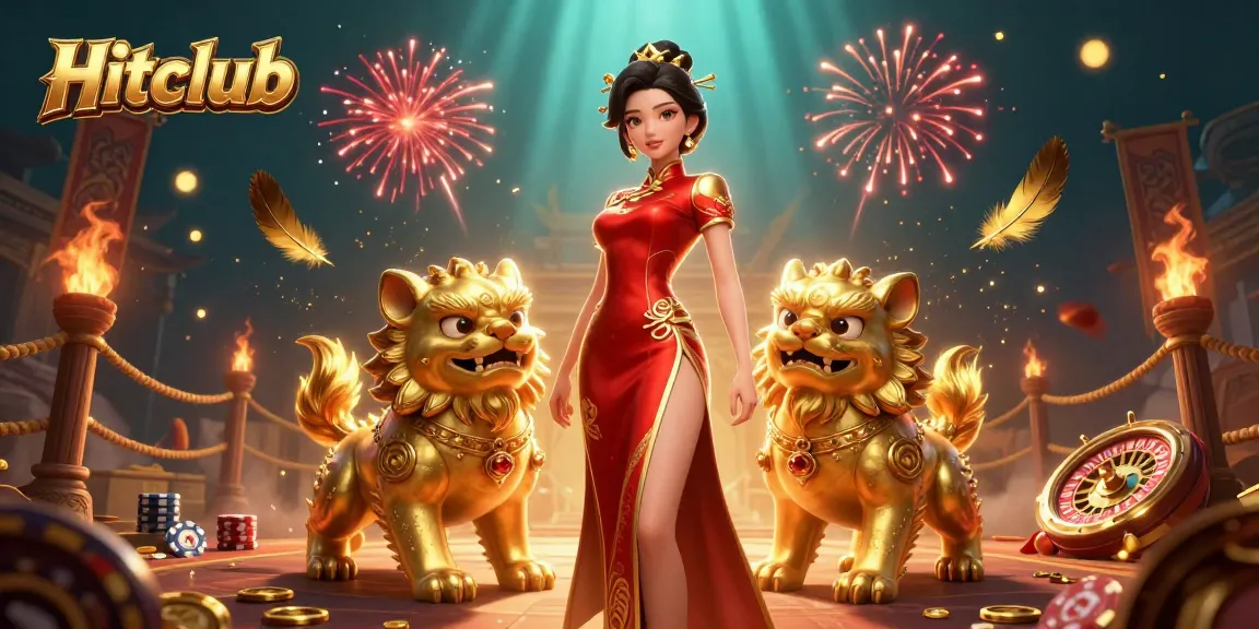 Experience thrilling games at Hitclub with vibrant visuals featuring an Asian woman in a cheongsam amidst casino elements.
