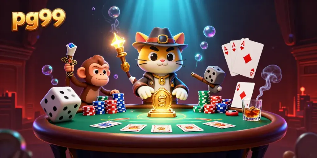 Play exciting games at pg99 with 3D cat explorer discovering treasures amidst vibrant casino elements.