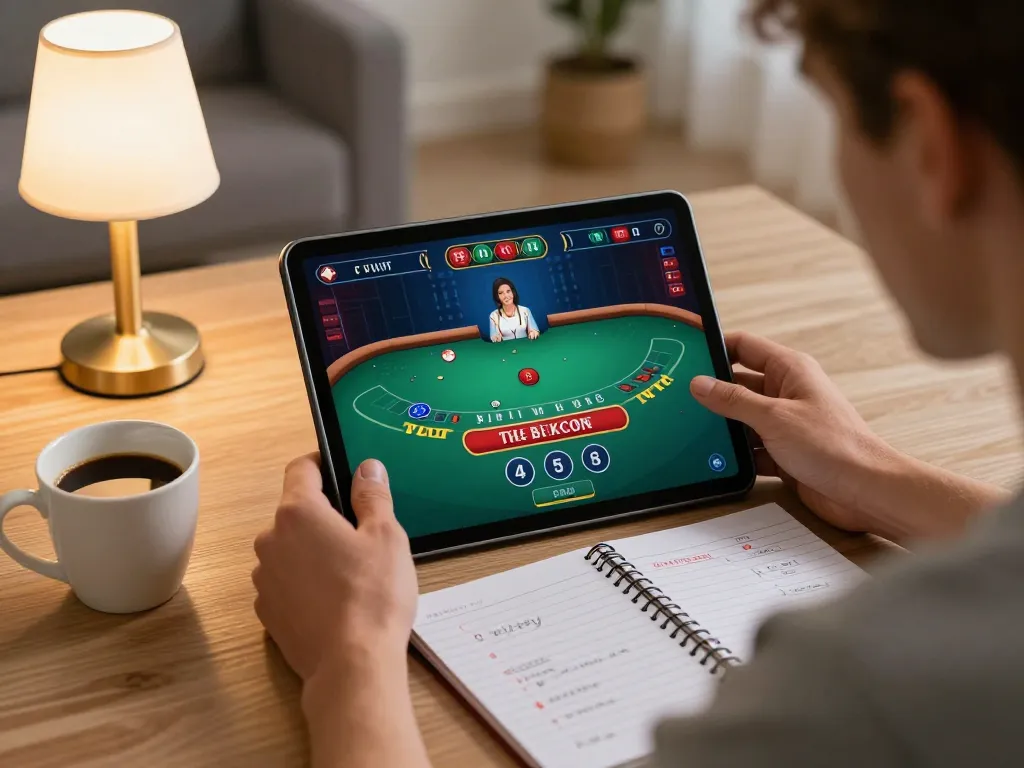 Dabet player engaged in blackjack at home, showcasing strategic gameplay in a cozy atmosphere.