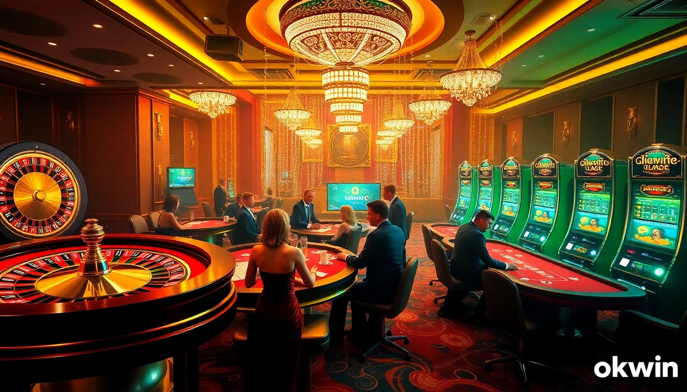 Experience high-stakes excitement at okwin's luxurious casino tables filled with poker chips and cards.