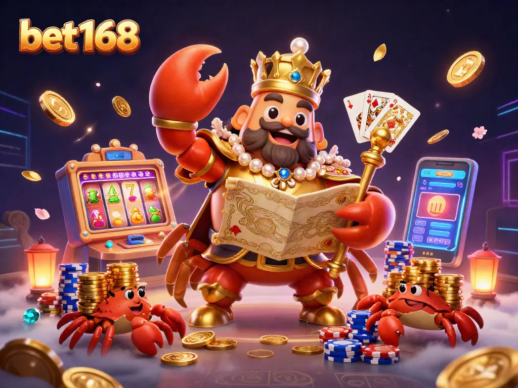 Experience the excitement of bet168 with a golden crab emperor amidst sparkling gems and vibrant slot machine reels.