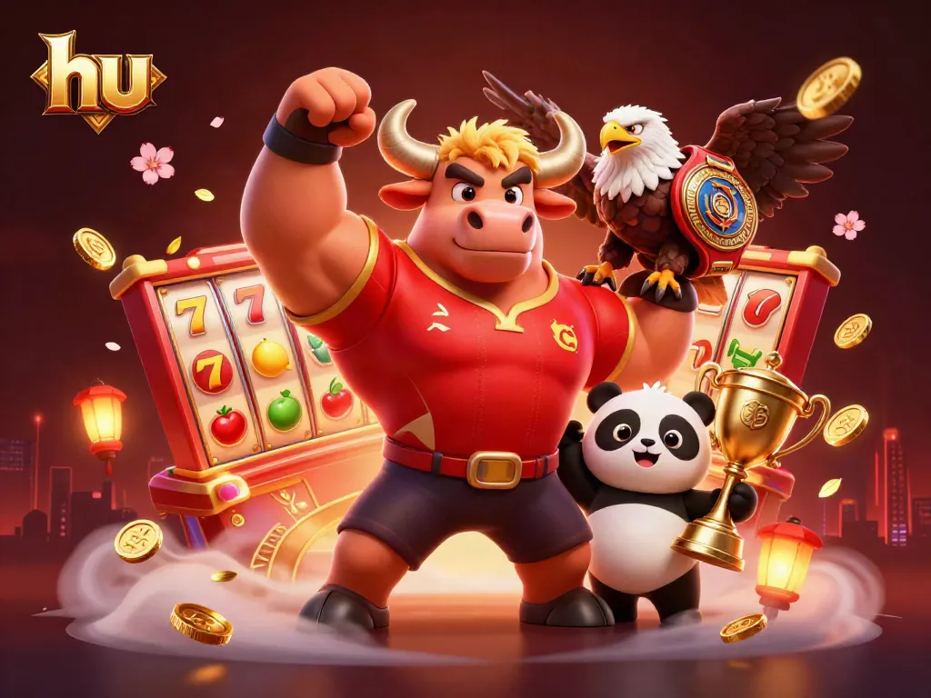 Celebrate your wins at hu with a vibrant 3D illustration featuring a victorious bull mascot amidst casino symbols.