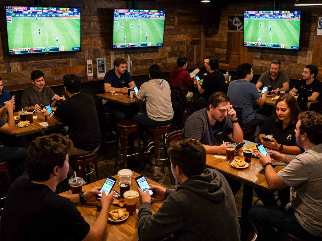 Enthusiastic patrons engaging in ty le keo nha cai sports betting with smartphones in lively bar atmosphere