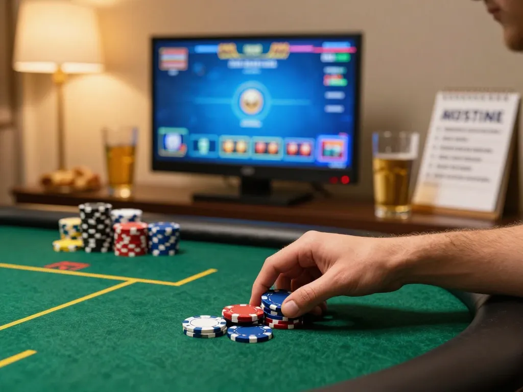 Sky88 poker player engages in a thrilling online game with chips and focused strategy notes.