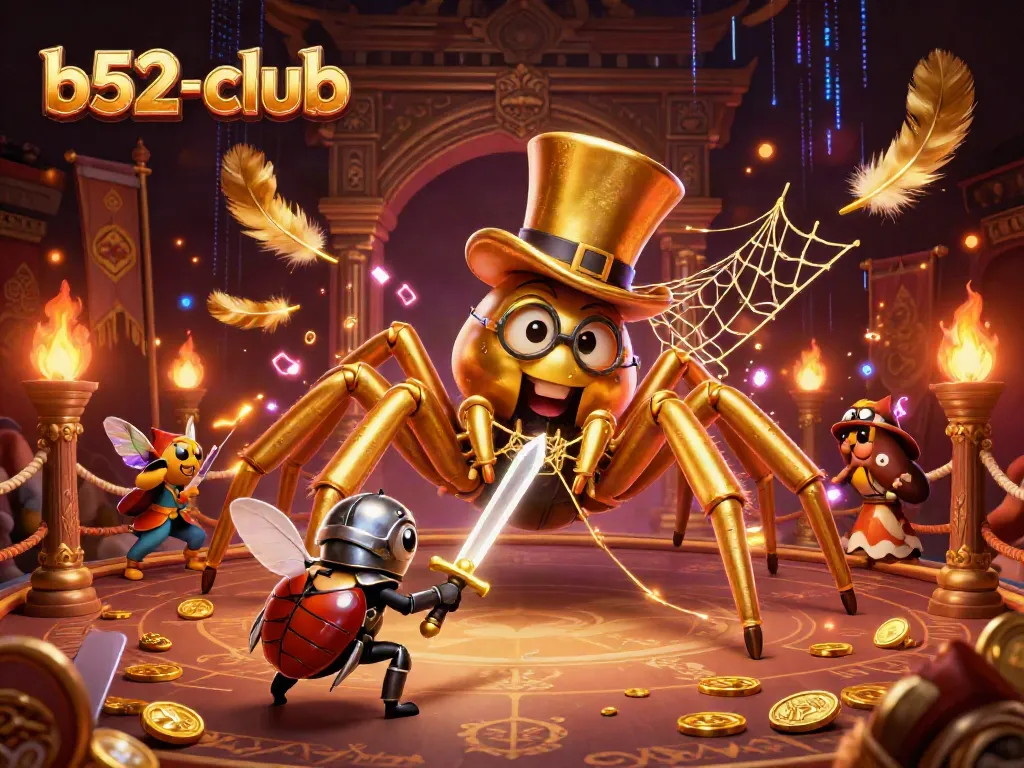 Engage with b52-club's vibrant casino world featuring a golden tarantula, beetle knight, and immersive game elements.