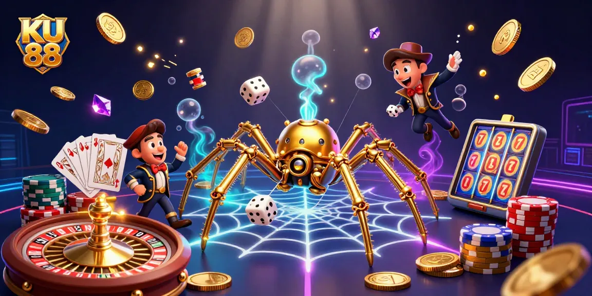 Play slots at KU 88 and discover golden treasures amidst cascading coins and poker chips.