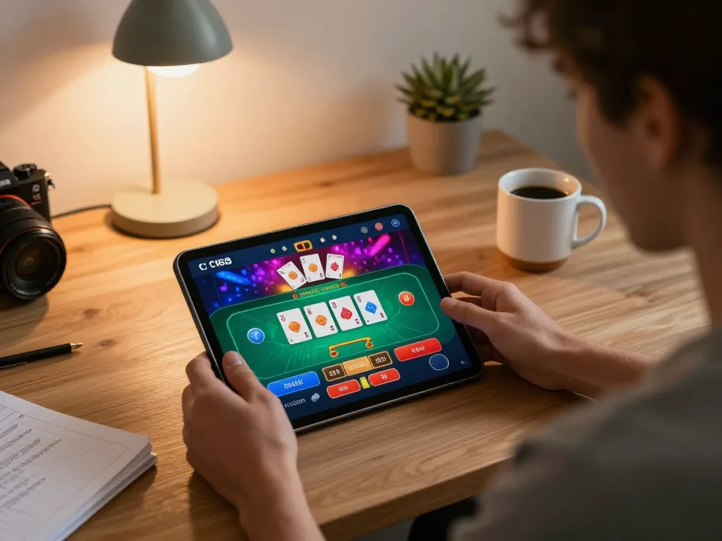 C168 gaming enthusiast engaging in a live dealer game on a tablet in a stylish home setting