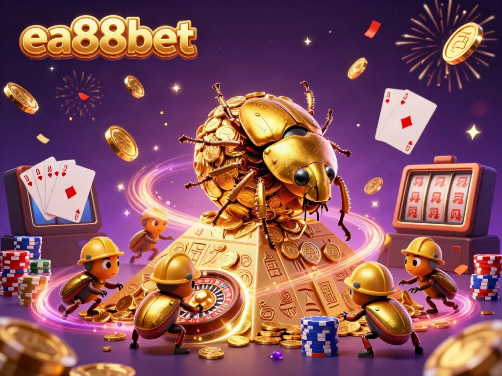 Experience the excitement of gambling with ea88bet through a vibrant 3D illustration featuring golden beetles and casino elements.