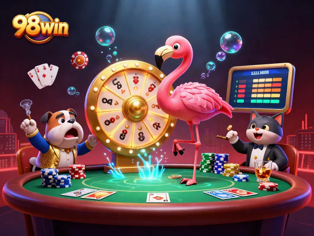 Experience thrilling moments at 98win with a dazzling game show scene filled with vibrant casino elements.