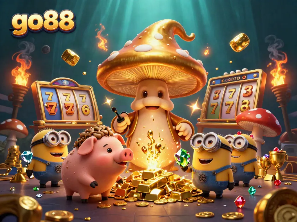 Experience the excitement of go88's casino magic with golden treasures and characters in a vibrant scene.