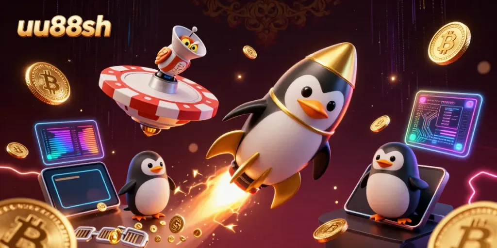Experience excitement with uu88sh, a dynamic casino adventure amidst neon coins and vibrant energy.