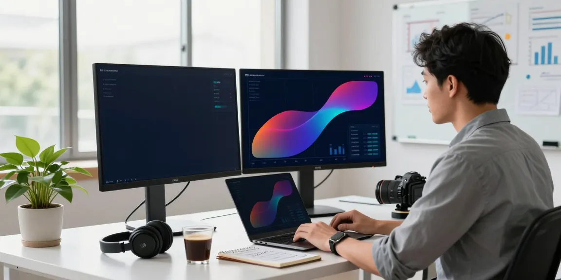 Data analyst reviewing AI search visibility metrics in a modern office workspace.