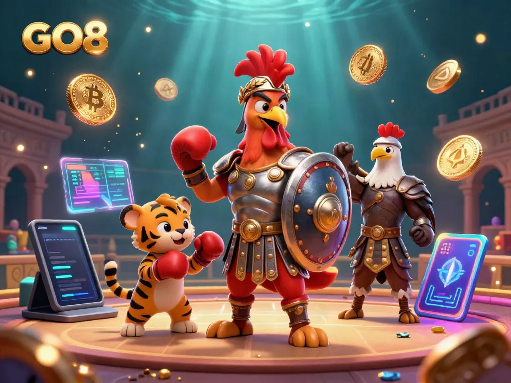 Engage with GO8's thrilling casino adventures featuring animated gladiator rooster, crypto coins, and vibrant effects.