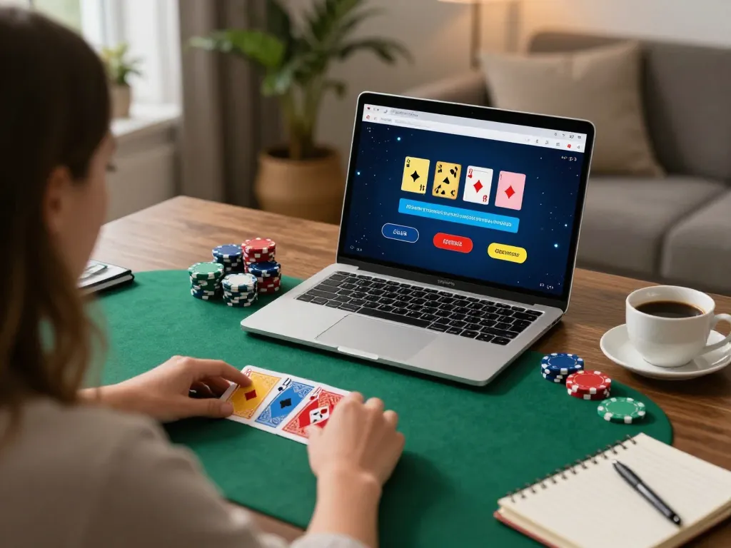 one88me player engaged in online poker game with colorful cards and chips at home.
