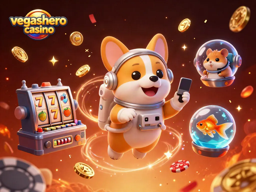 Experience exciting gameplay at vegashero casino with poker chips and floating characters in a vibrant 3D illustration.