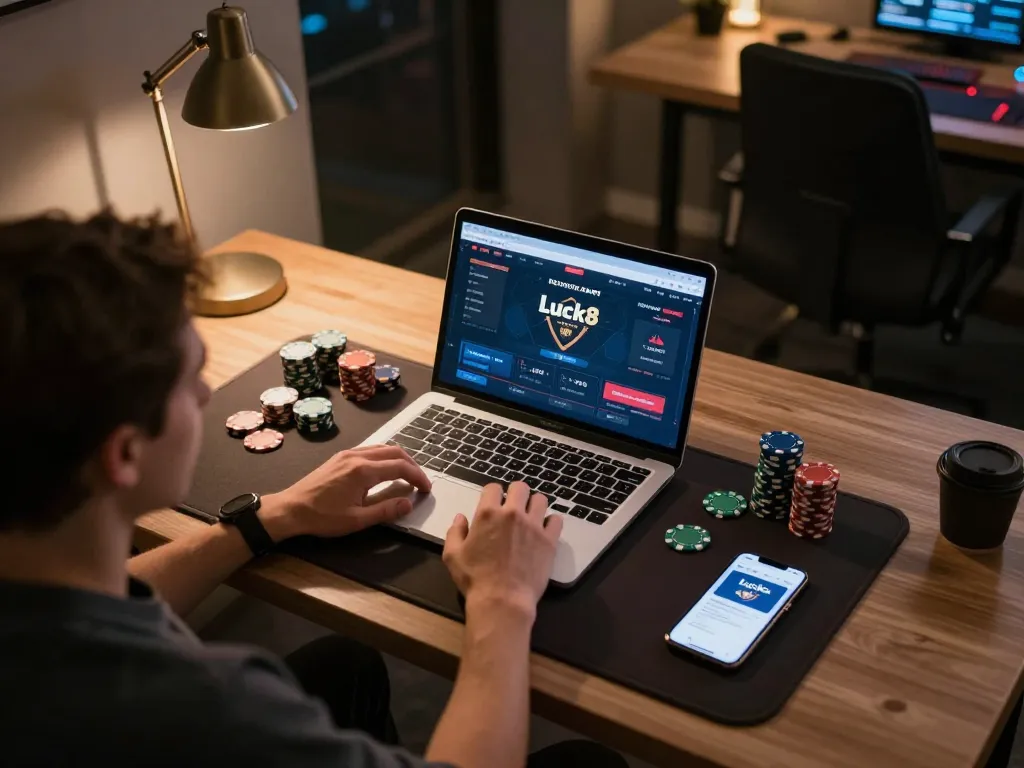 Engaged player at home using Luck8 for online poker gaming, showing chips and laptop.