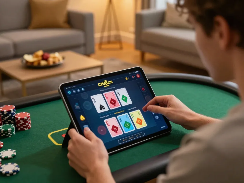 Engaged player using cm88.com for online casino live gaming in a cozy home setting